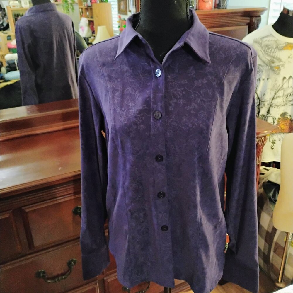 Purple Long Sleeve Button Down Shirt with Floral Embossing